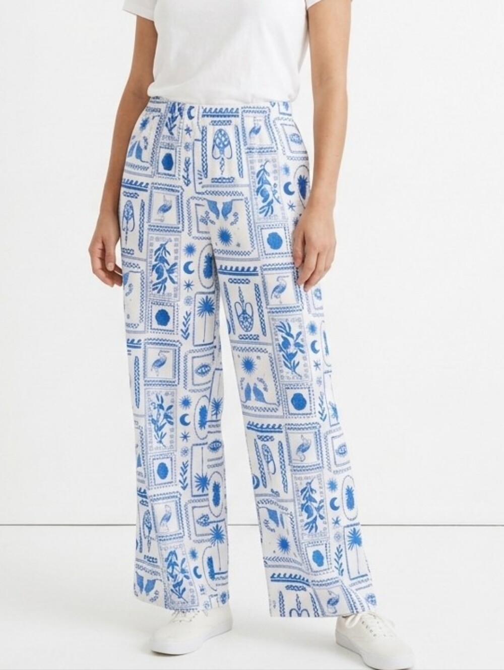 Sincerely Jules Blue White Print Wide Leg Pants Large Linen Blend